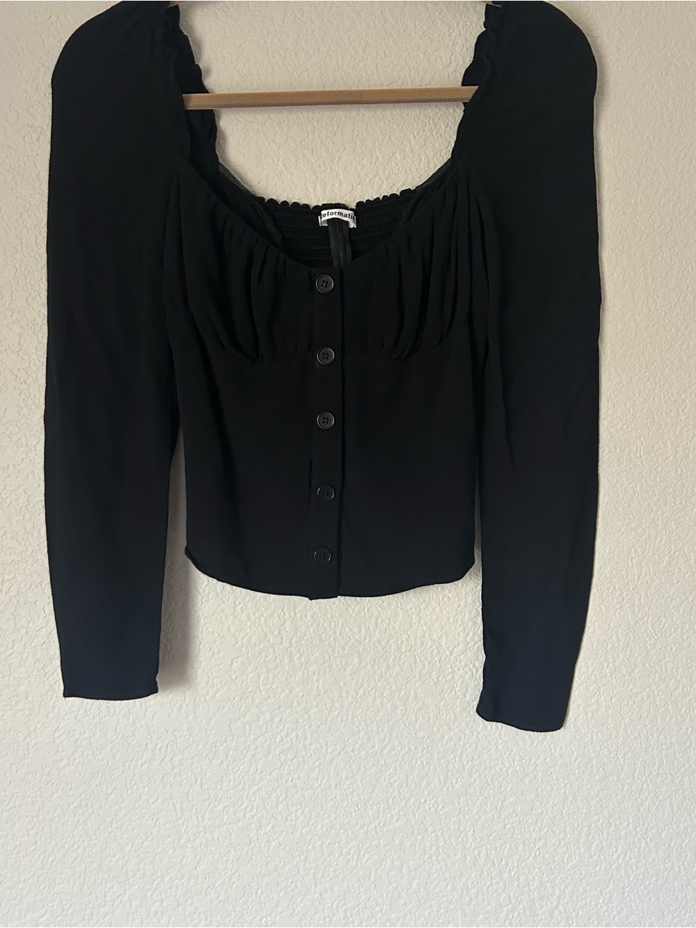 Reformation Puff Sleeve Button Front Blouse in Black